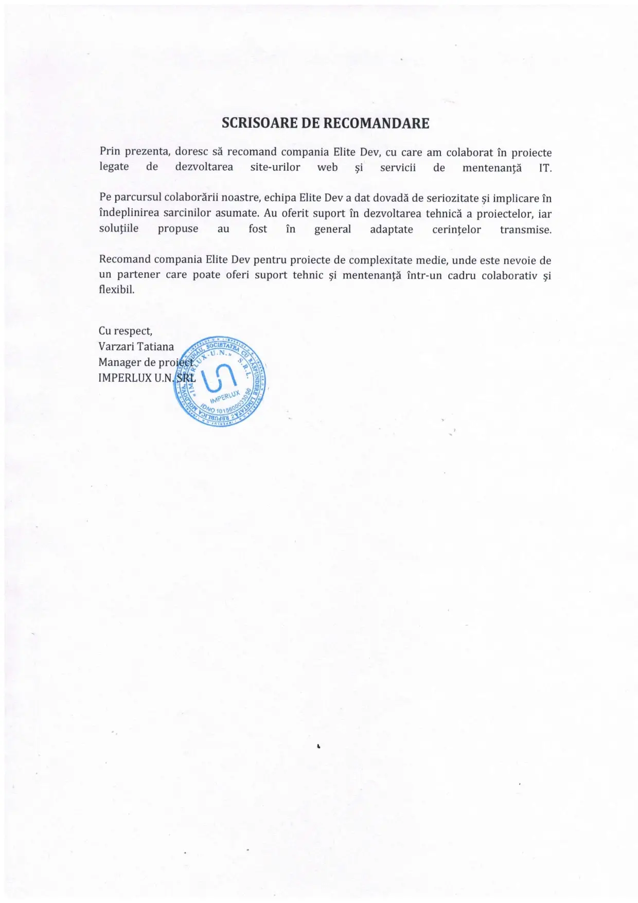 Vаrzаri Tatiana - Мапаgеr de proiect, IMPERLUX U.N.